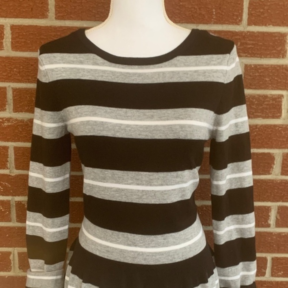 Vince Camuto Black and Gray Striped Long Sleeve Dress